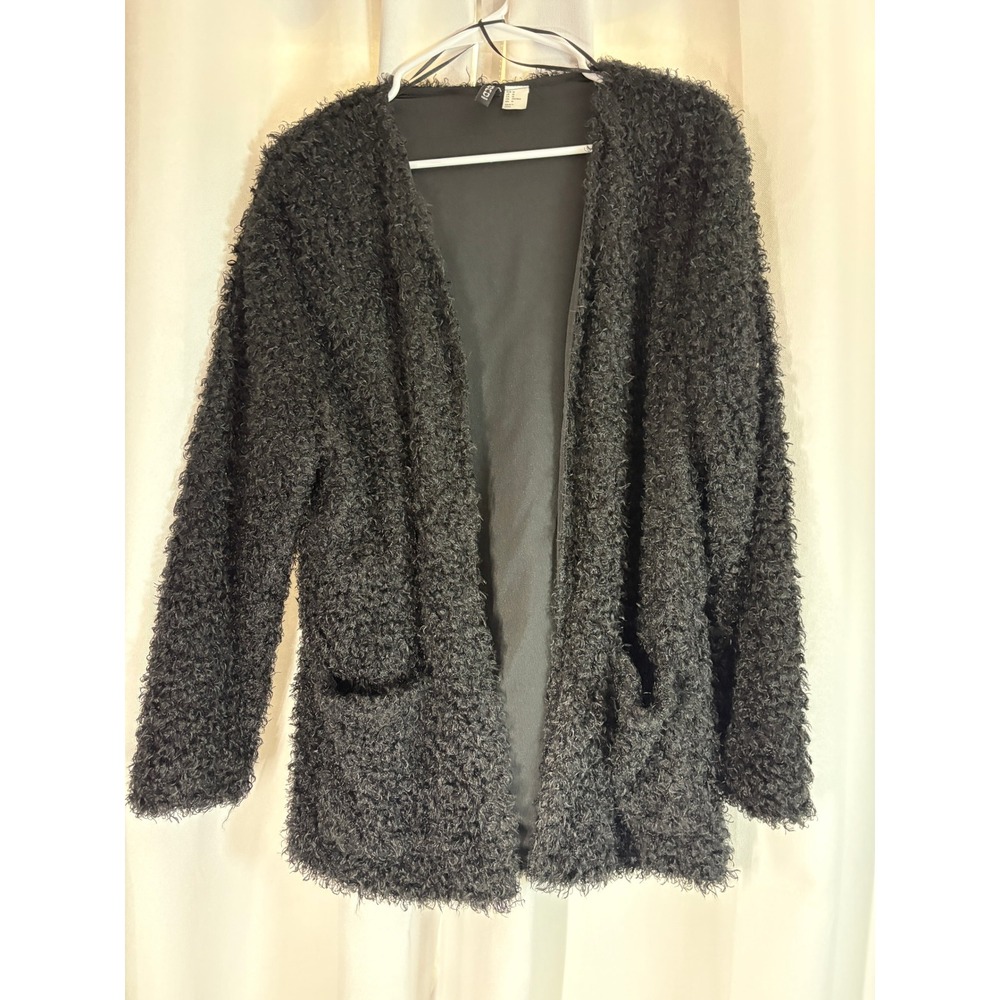 H&M Divided Black Curly Faux Fur Open Front Cardigan Jacket Medium WC0065